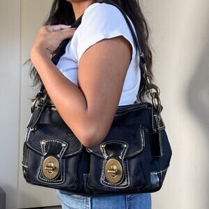 Coach Legacy F13102 Black Signature Canvas Shoulder Bag Brass Turnlock Pockets